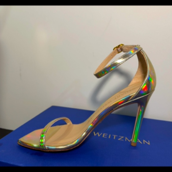 Stuart Weitzman Nudistcurve 100 Hologram Gold Patent Leather Sandals EU 36.5/US6 - Picture 7 of 16